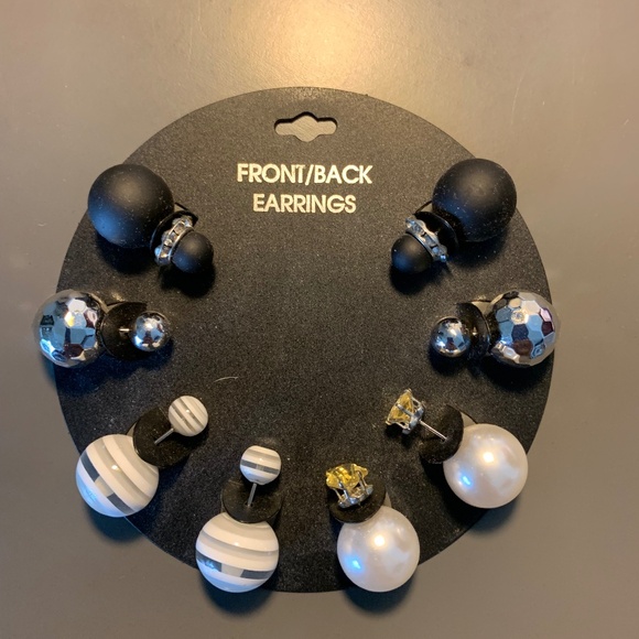 4 Front & Back Stud Earring Set – Silver, Pearl, Black Matte & Striped Design - Picture 4 of 4